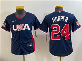 USA Baseball #24 Bryce Harper Youth Navy 2026 World Baseball Classic Jersey