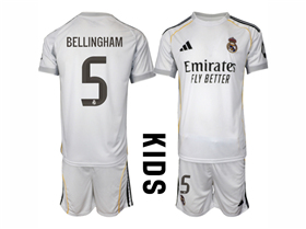 Real Madrid CF 2025/26 Home Youth White Soccer Jersey with #5 Bellingham Printing
