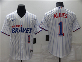 Atlanta Braves #1 Ozzie Albies White Pinstripe Cool Base Jersey