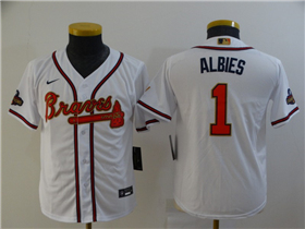 Atlanta Braves #1 Ozzie Albies Youth White 2022 Gold Program Cool Base Jersey