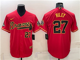 Atlanta Braves #27 Austin Riley Red Gold 2021 World Series Champions/150th Anniversary Jersey