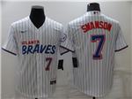 Atlanta Braves #7 Dansby Swanson White Pinstripe Cool Base Jersey