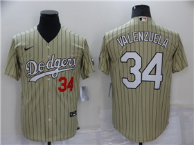 Los Angeles Dodgers #34 Fernando Valenzuela Gold Pinstripe Cool Base Jersey