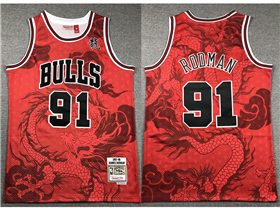 Chicago Bulls #91 Dennis Rodman Year of the Dragon Red Hardwood Classics Jersey