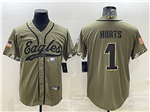 Philadelphia Eagles #1 Jalen Hurts Olive Salute To Service Baseball Jersey