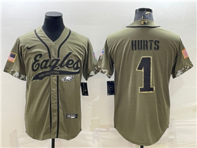 Philadelphia Eagles #1 Jalen Hurts Olive Salute To Service Baseball Jersey