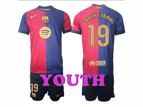 FC Barcelona 2024/25 Home Youth Red/Blue Soccer Jersey with #19 Lamine Yamal Printing