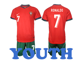 Portugal 2024 Youth Home Red Soccer Jersey with #7 Ronaldo Printing